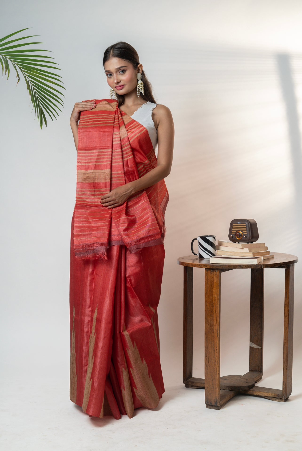 Red temple border kosa silk Saree