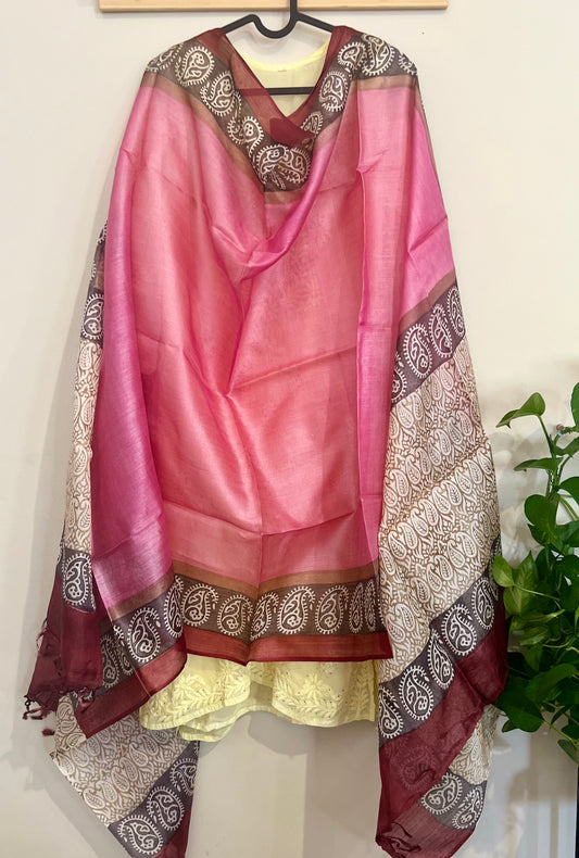 Pink kosa silk handblock printed dupatta