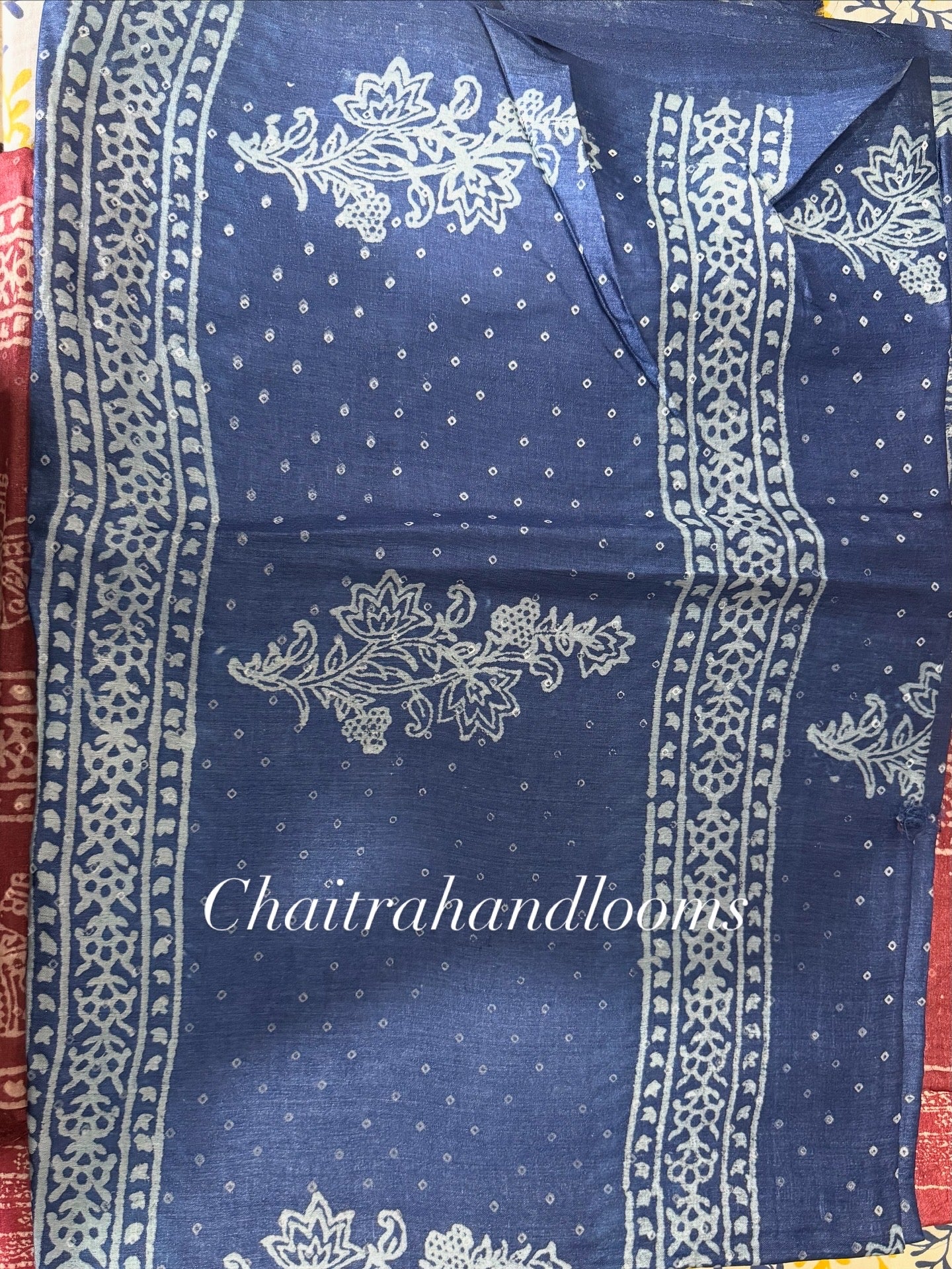 Royal Blue Handblock Printed Kosa Silk Saree