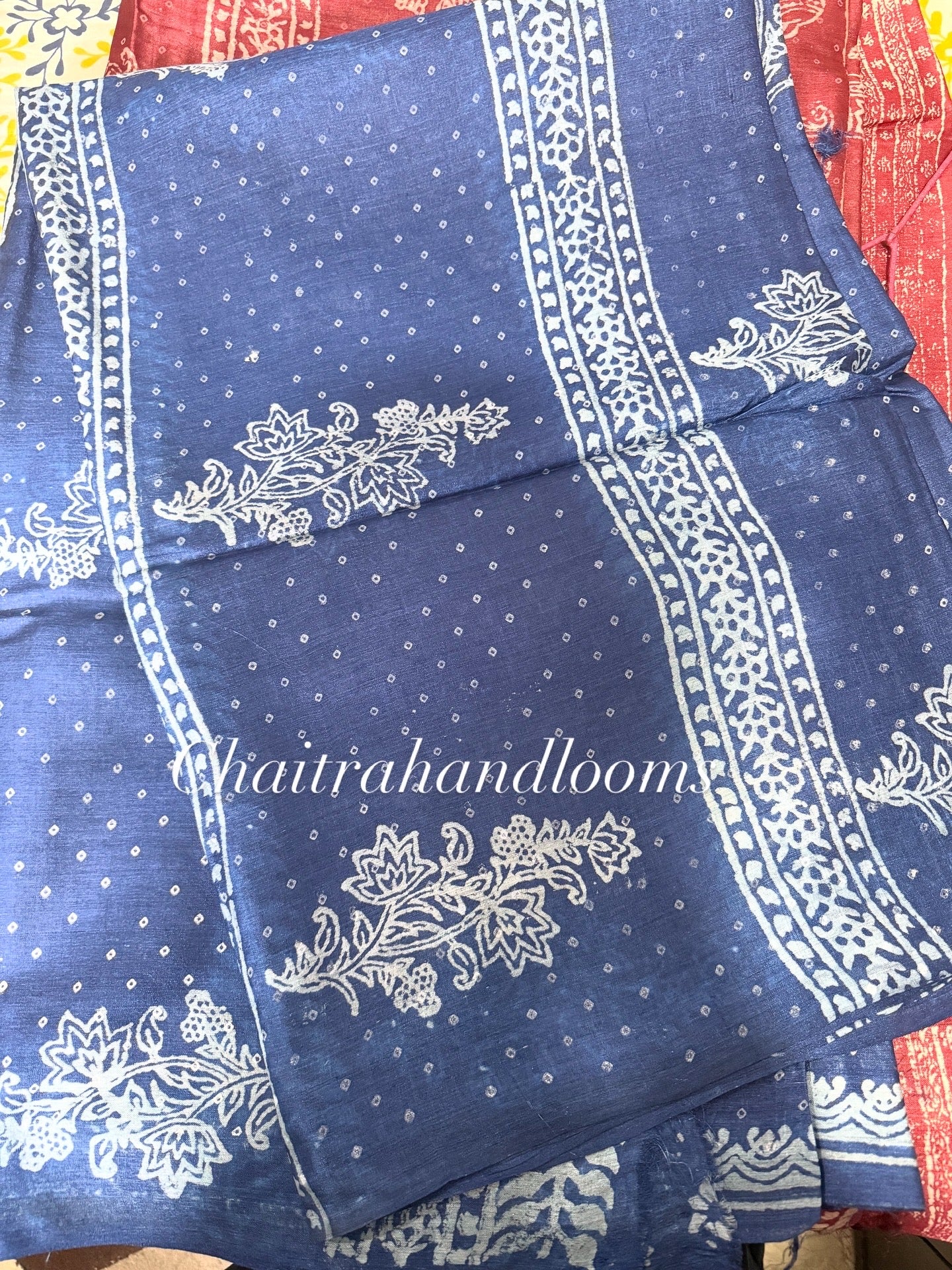 Royal Blue Handblock Printed Kosa Silk Saree