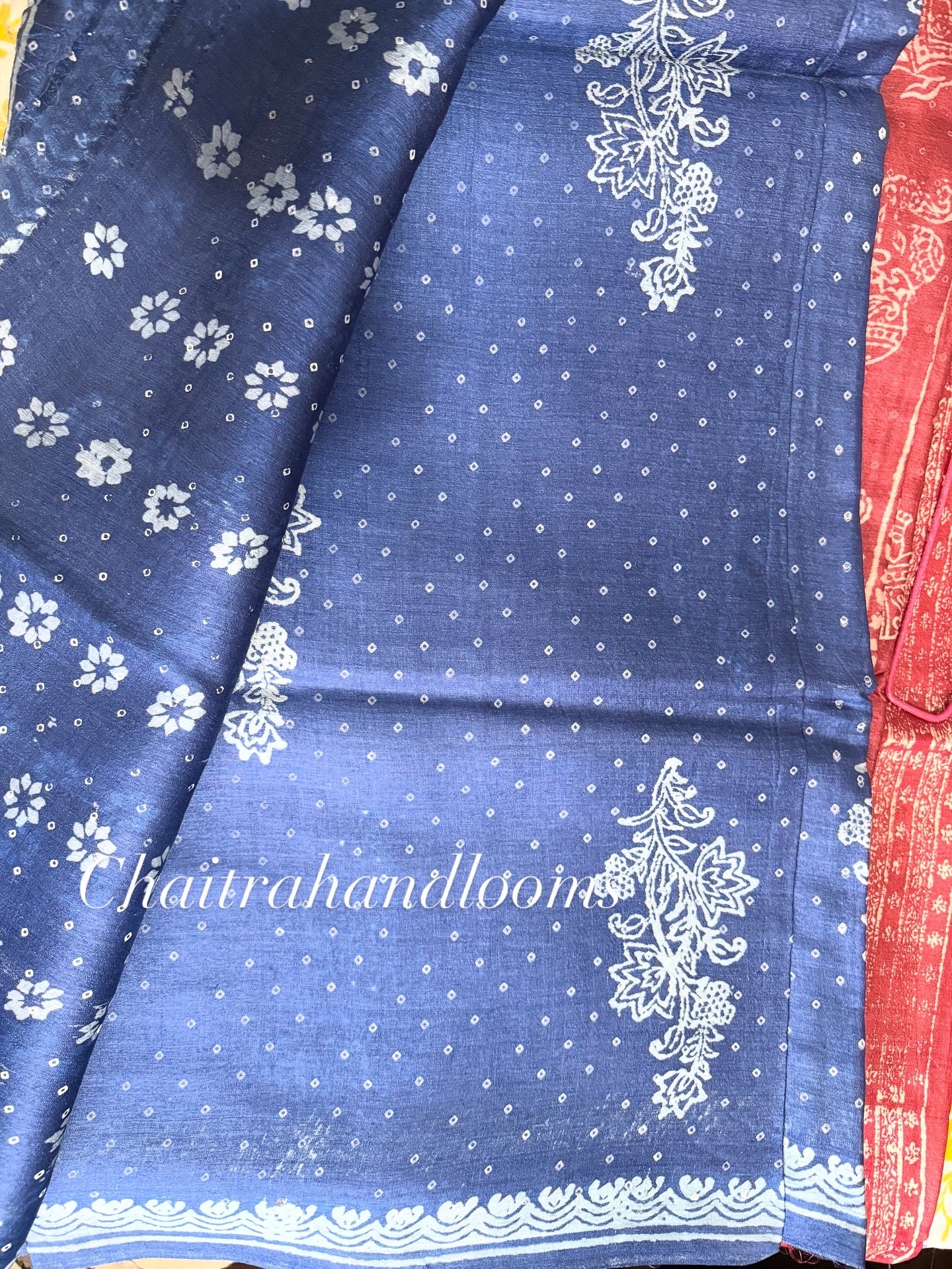 Royal Blue Handblock Printed Kosa Silk Saree