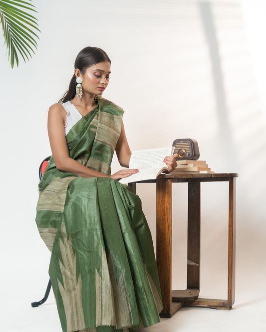 Green temple border kosa saree