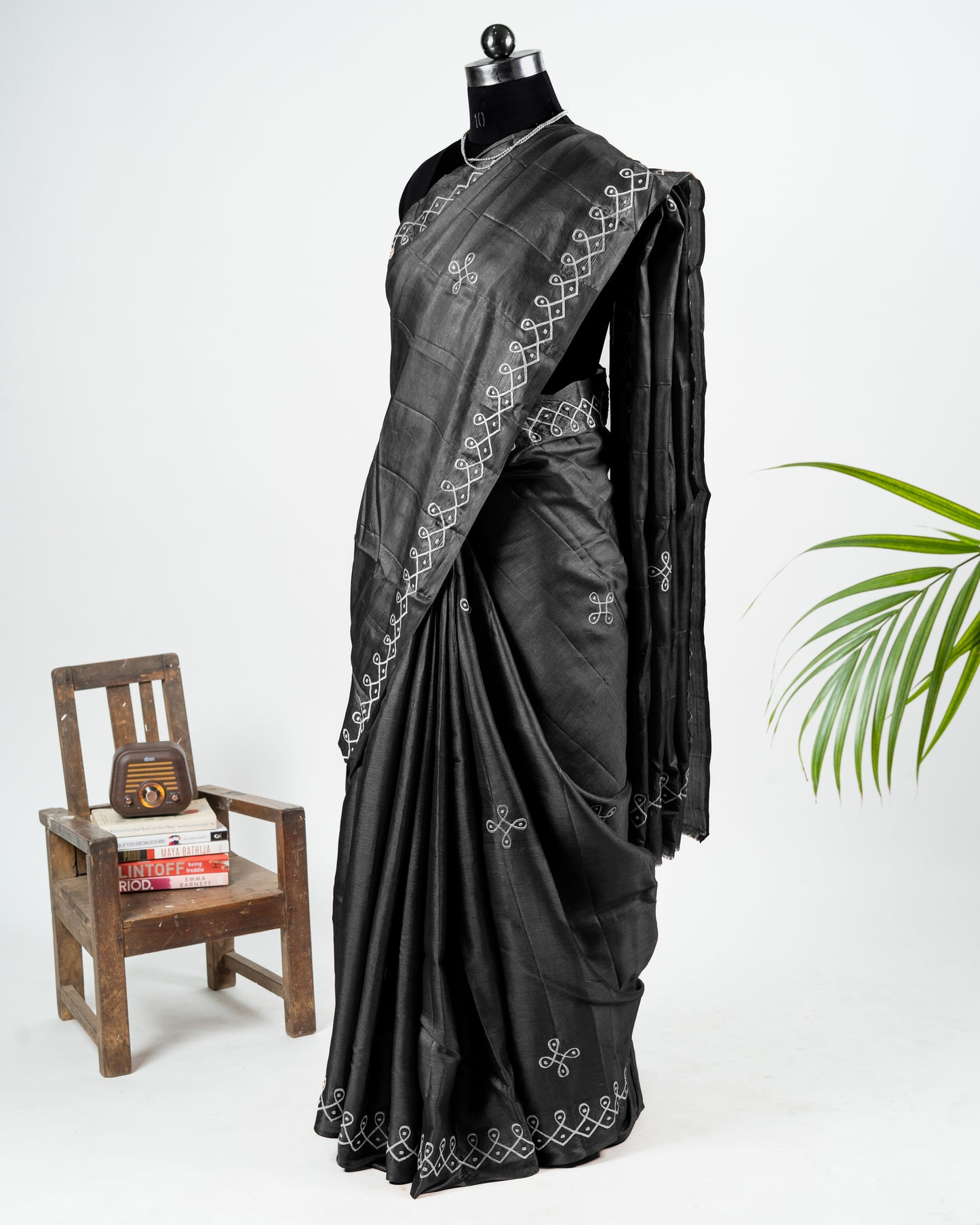 Kolam embroidered black kosa silk