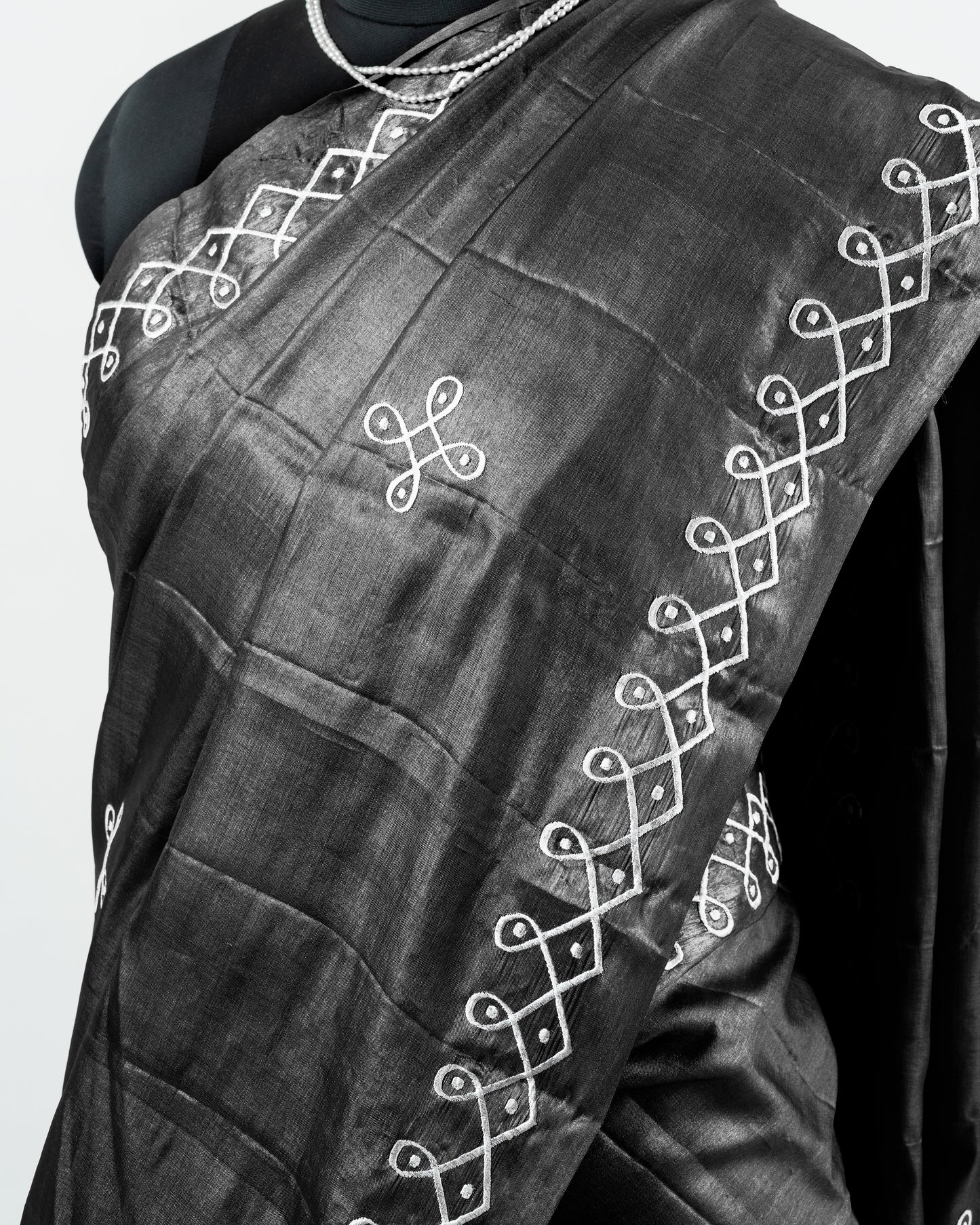 Kolam embroidered black kosa silk