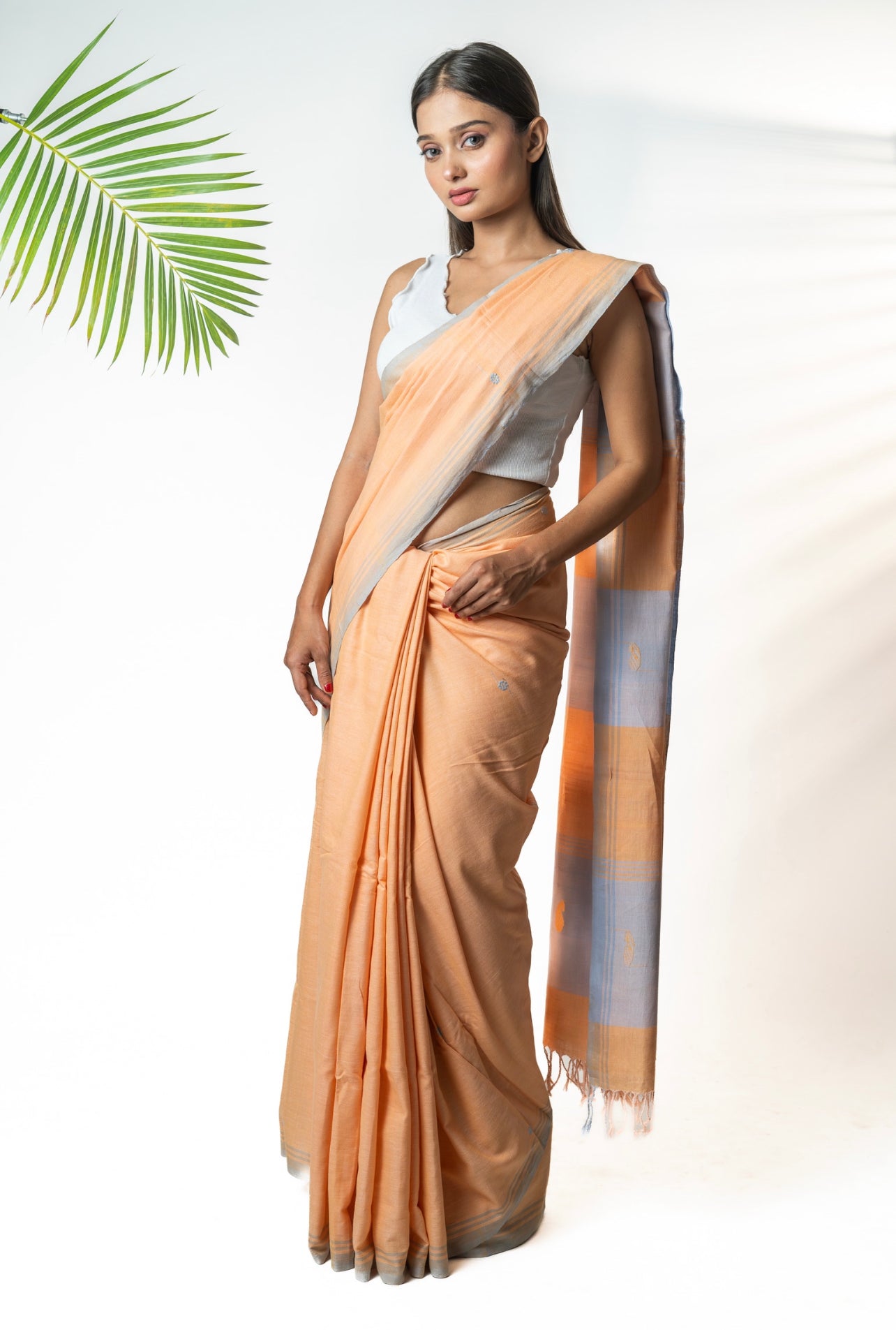 Peach and blue Assam cotton Saree