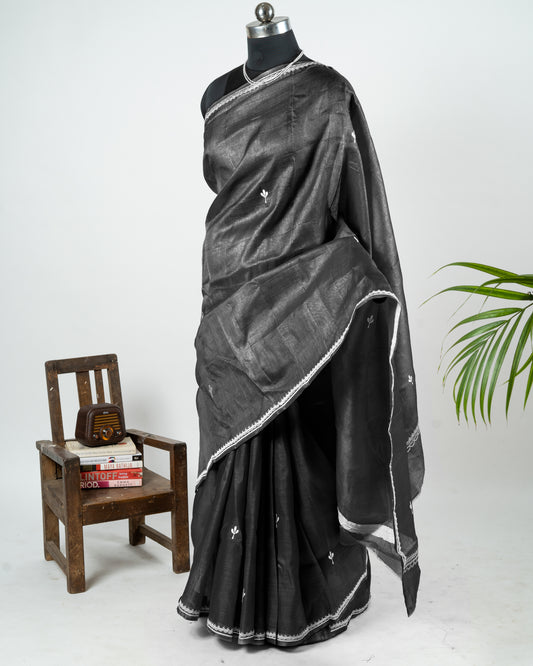 Embroidered black kosa silk Saree