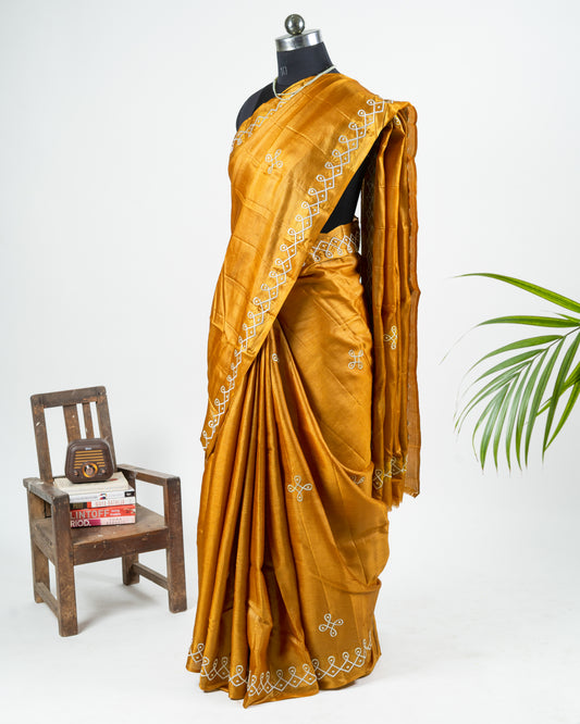 Kolam embroidered kosa silk yellow
