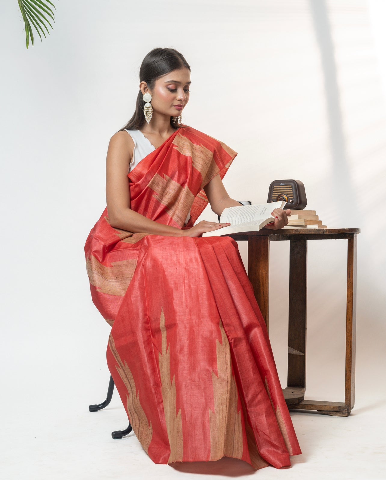 Red temple border kosa silk Saree